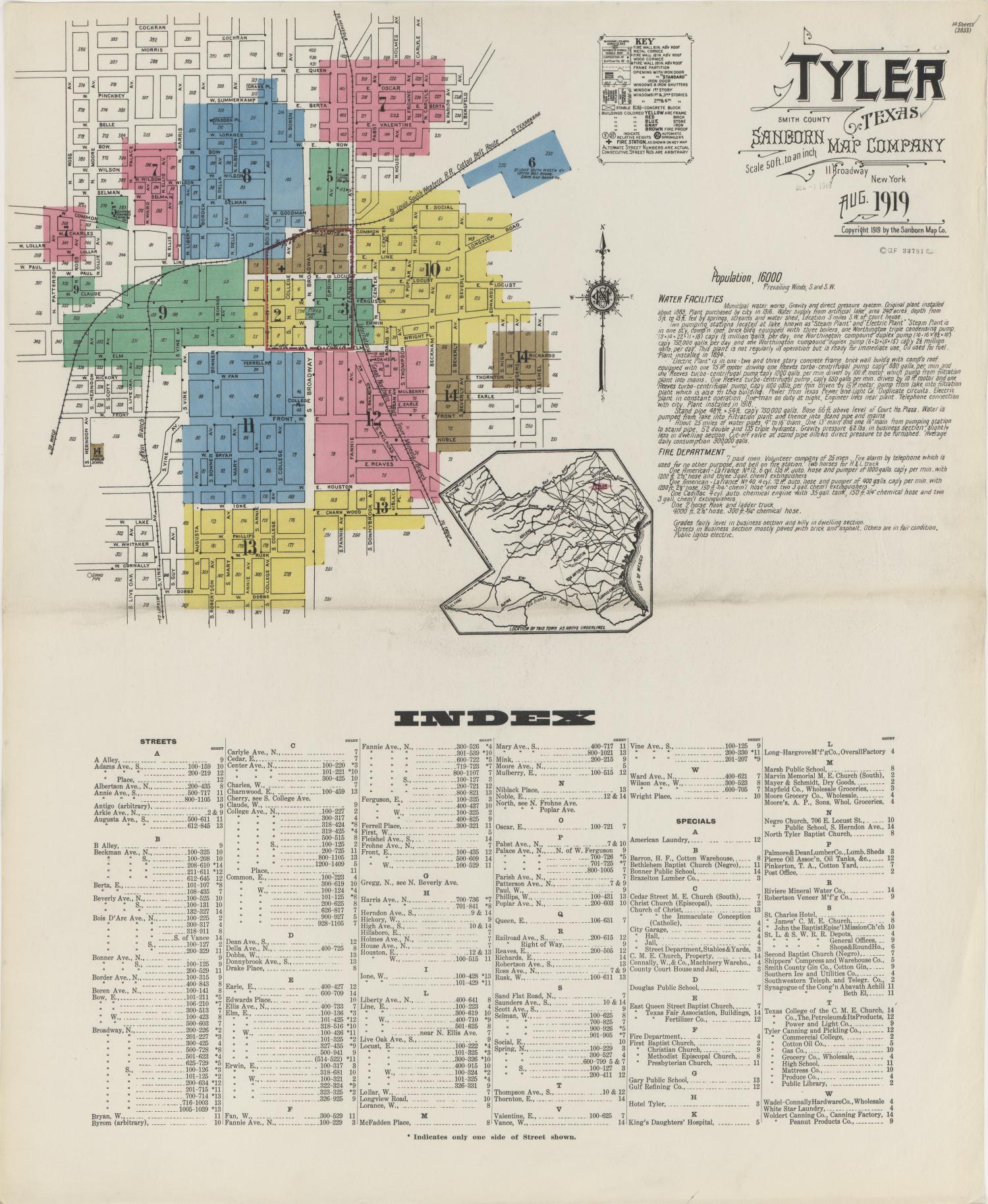 Sanborn Fire Insurance Map of Tyler, Texas — 1919, sheet 1